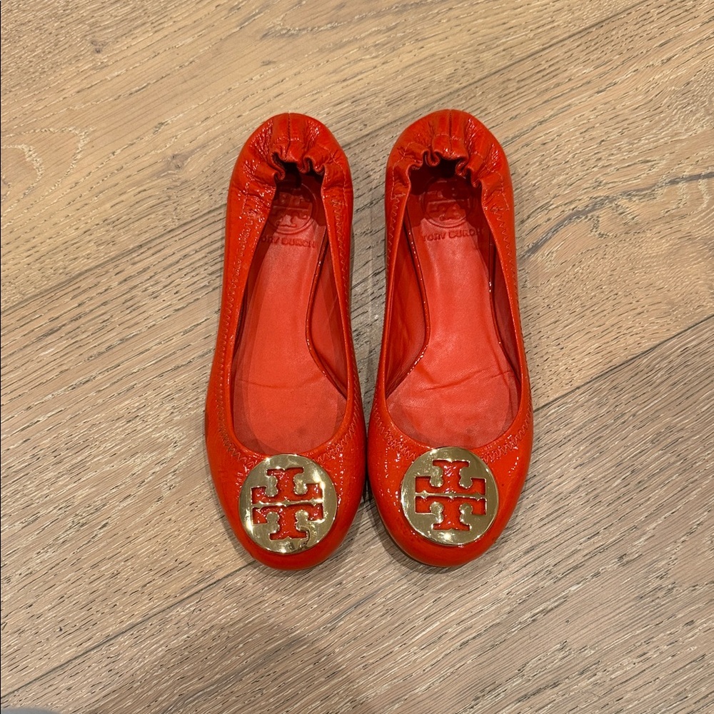 Tory Burch Orange Ballet Flats with Gold Logo